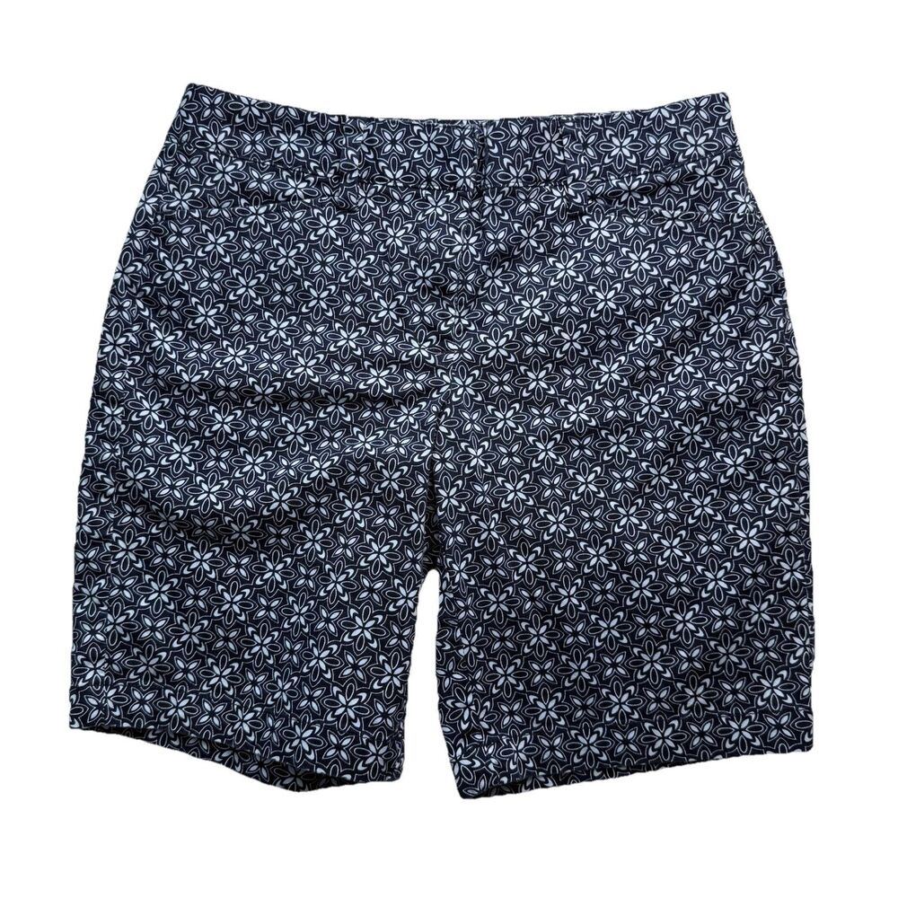 Womens Lands End Size 4P Blue Geometric Floral Print Mid Rise Bermuda Shorts